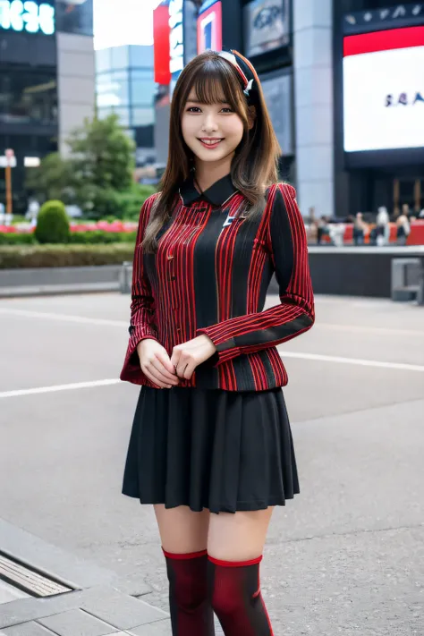 high-definition picture,1 japanese girl, Idle image,enako&#39;s photo,fullbody image,Photos of beautiful women,,full body warframe, complex pattern, energy line, kawaii faces， elegent, red and black vertical striped uniform,AC Milan， Solo, Idle image,fullb...