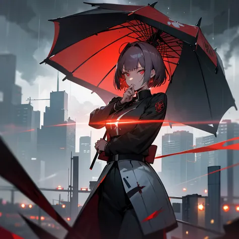 1 japanese girl, War Frame, Complex pattern, heavy metal, energy line, Faceless, Glowing eyes, Elegant, Formidable, Blood red and black uniform, Solo, Modern, city, A city scape, dark clouds, thunderstorm, Heavy rain,, Dramatic Lighting,, (masutepiece:1.2)...