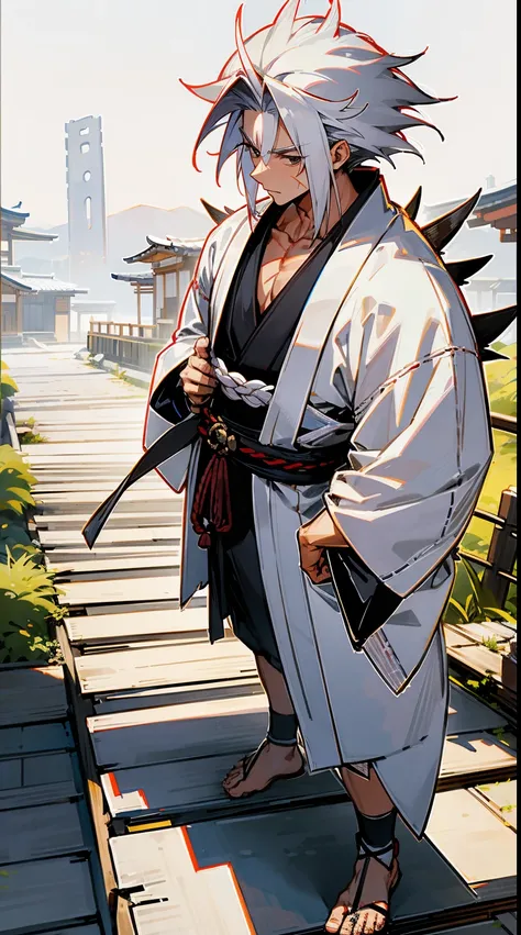 1male, adult white hair, spiky hair, muscular, black haori, black eyes, scar over nose, white yukata, standing on path, japanese village, serious, facing viewer