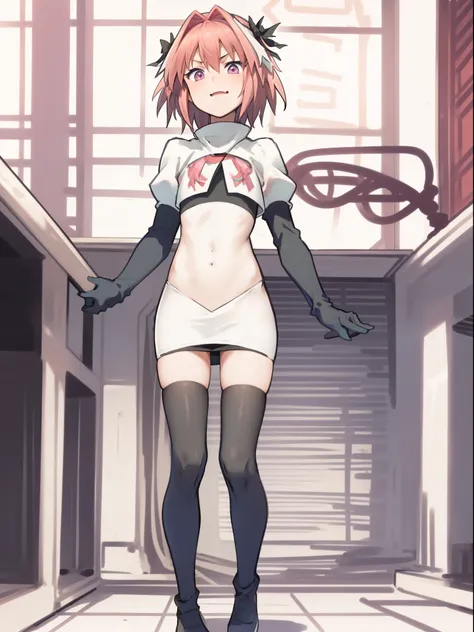 absurdres, masterpiece, best quality, (astolfo fate:1.2155), 1boy, male focus, trap, pink multicolored hair, pink hair, white hair, hair intakes, long hair, pink detailed eyes, crossdressing,1boy,team rocket,team rocket uniform,white skirt,crop top,black t...