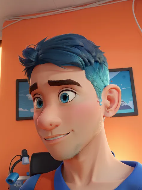 Menino de cabelo azul,  fundo futuristico, estilo Disney pixar, alta qualidade