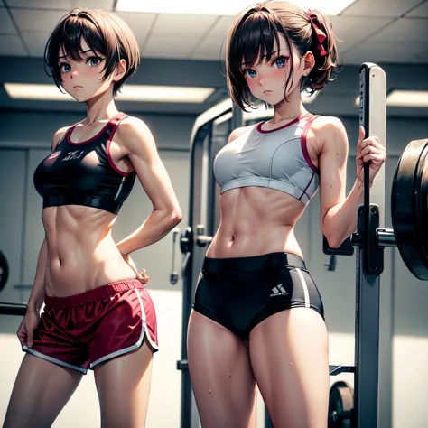 ​masterpiece, 4K, of the highest quality, bow ribbon, Sports Bra, Latex Shorts, is standing, arms folded,、cool expression　Beautiful gym, Brown-eyed, Short_hair, Small_Breast, looking at the viewers　、Heavy sweat、1 persons