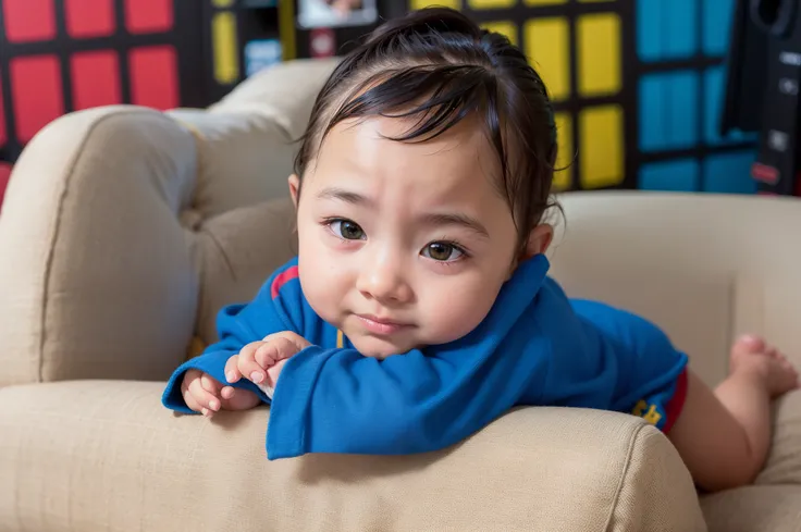 there is a baby sitting in a chair with a blue blanket, foto de retrato, foto de retrato em close-up, menino bonito, Young Child, Retrato no meio da foto, retrato closeup, looking defiantly at the camera, Tirado com Canon EOS 5 D, Tirada com uma Canon EOS ...