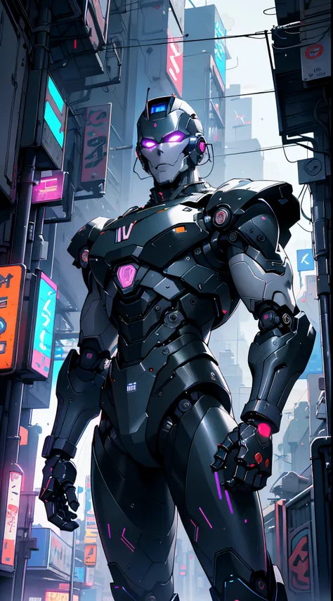 Imposing black plastic metal android robot,three meters tall,minimalist design,marked metallic musculature. His head is smooth and adorned with RGB lights,body is glossy black, RGB details, futuristic design,(((muscular))),hypermuscle, hyper muscles,carbon...