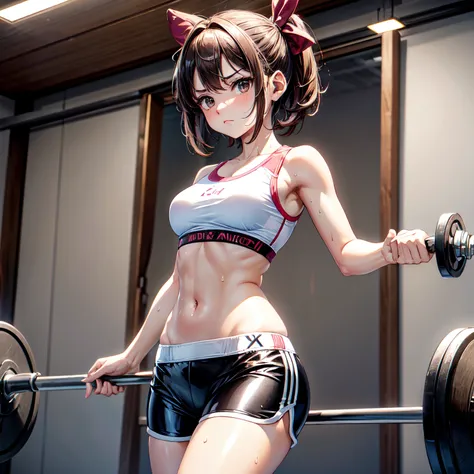 ​masterpiece, 4K, of the highest quality, bow ribbon, Sports Bra, Latex Shorts, is standing, arms folded,、cool expression　Beautiful gym, Brown-eyed, Short_hair, Small_Breast, looking at the viewers　、Heavy sweat、1 persons