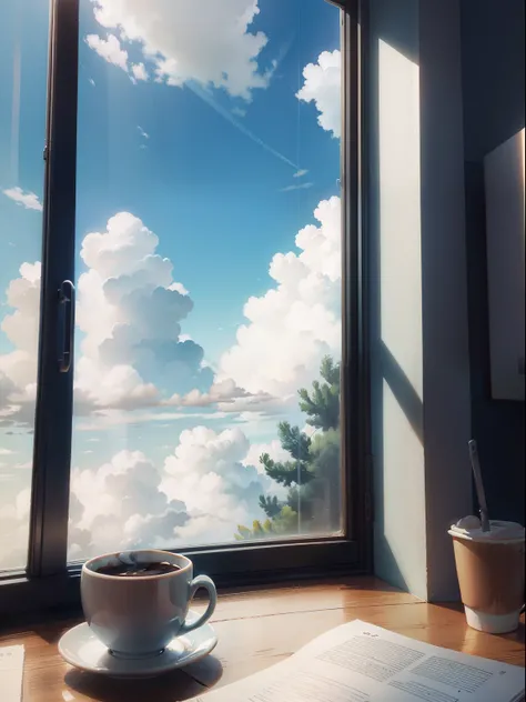 Windows, morning, coffe, blue sky, clouds