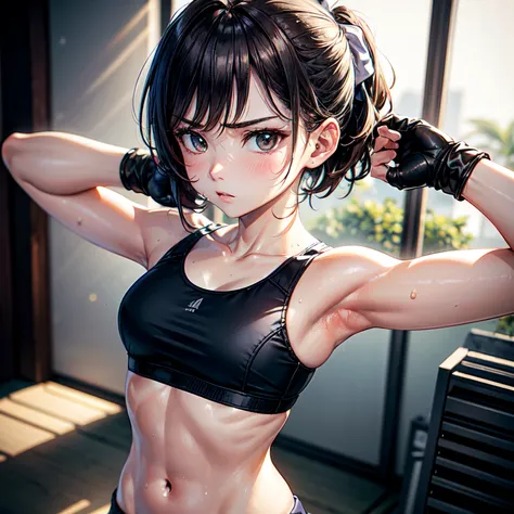 ​masterpiece, 4K, of the highest quality, bow ribbon, Sports Bra, Latex Shorts, is standing, arms folded,、cool expression　Beautiful gym, Brown-eyed, Short_hair, Small_Breast, looking at the viewers　、Heavy sweat、1 persons