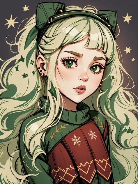 High quality design vector style image, beuaty girl，long whitr hair，ear studs，Green sweater，christmas，Vector Image.