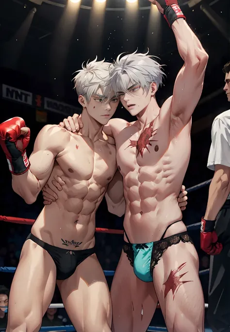 Two muscular male teenagers，musculous，The body is tall and broad，They all have jewel-colored tattoos on their bodies，They are all handsome young guys of 18 years old，The two wore only thongs，golden hair，White-silver hair，Emerald tong，Crystal thong，String t...