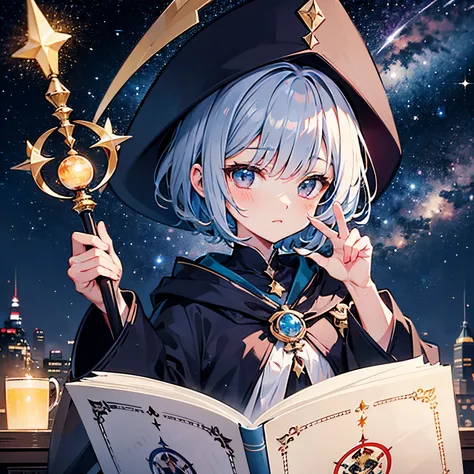 Wizard robes　Wizard Hat　magic wands　teens girl　short-hair　kawaii faces　　Starry night sky　Star Mark　spell book