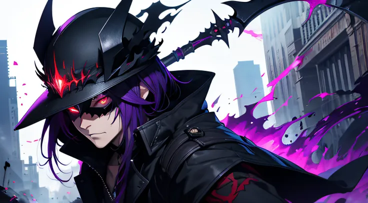 1guy, short black hair , one red eye , one purple eye ,glowing eye , purple theme , wearing gravedigger hat , with a scythe , gravedigger coat , full black skull mask , hell , covered face , high res, ultrasharp, 1080p, masterpiece , desktop background