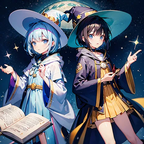 Wizard robes　Wizard Hat　magic wands　teens girl　short-hair　kawaii faces　　Starry night sky　Star Mark　spell book