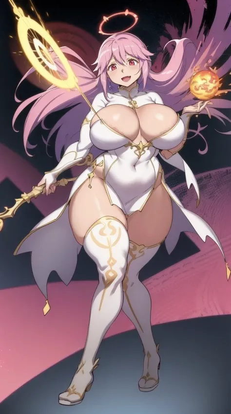 e,, holy magicalgirl, open mouth fang, holy haura, halo, smile, joyfull, paladin, sword holding, full body , boots, standing,cute,breast, curvy, female,fantasy goddess,there is a cartoon picture of a woman with a very large breast, glowing angelic being, g...