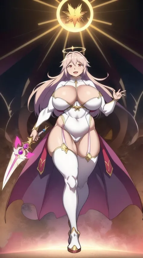 e,, holy magicalgirl, open mouth fang, holy haura, halo, smile, joyfull, paladin, sword holding, full body , boots, standing,cute,breast, curvy, female,fantasy goddess,there is a cartoon picture of a woman with a very large breast, glowing angelic being, g...