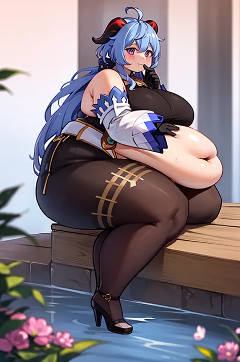 fat body, fat arms, masterpiece, best quality, 1girl, solo, fat belly, thick thighs, long hair, breasts, looking at viewer, bangs, gloves, bare shoulders, medium breasts, sitting, blue hair, purple eyes, flower, ahoge, pantyhose, detached sleeves, horns, b...