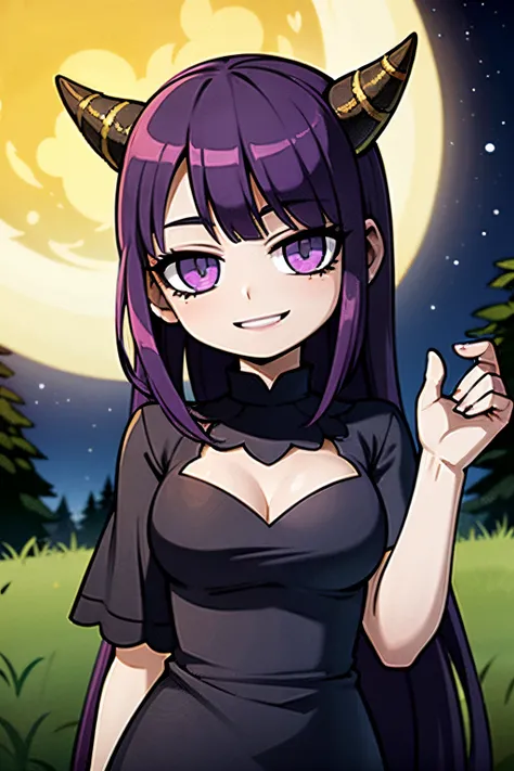 Young woman, purple hair, yellow horns in head, purple eyes, wearing black dress, moon in dress, goth lolita, smiling, great eyes, in a forest, looking the stars, night, 4k, masterpiece, looking at viewer, HD labios simples