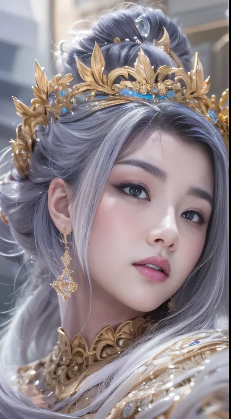 16k（tmasterpiece，k hd，hyper HD，16k）short detailed hair，Gold jewelry area in the back room，King Girl ，Silver Dragon Protector （realisticlying：1.4），Python pattern robe，Purple-pink tiara，Snowflakes fluttering，The background is pure，Hold your head high，Be prou...