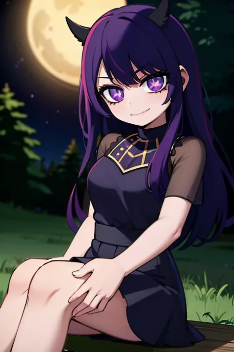 Young woman, purple hair, yellow horns in head, purple eyes, wearing black dress, moon in dress, goth lolita, smiling, great eyes, in a forest, looking the stars, night, 4k, masterpiece, looking at viewer, HD labios simples