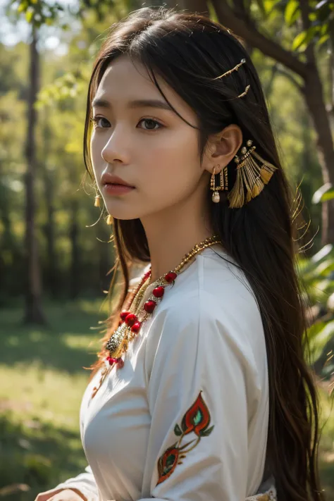 8k, highest quality, ultra details, indigenous woman, nature scenery, traditional clothing, tribal jewelry, peaceful gaze, connection with the land