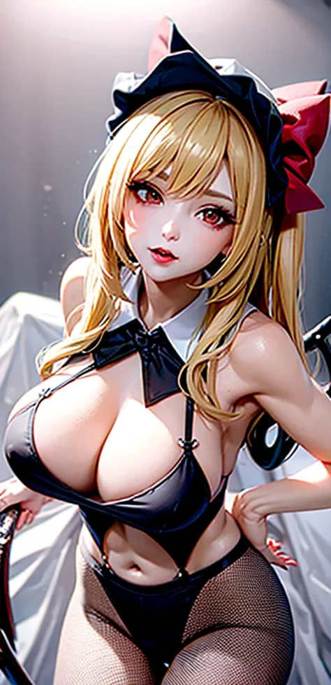 masterpiece, best quality,    1girl, blonde hair, mob cap, hair bow,long hair,wedding dress, huge breasts, cleavage, wings, fishnet, goth, black lipstick, fishnet dress, fishnet pantyhose, evil, muscular arms, muscular midriff, abs, muscular thighs, sixpac...