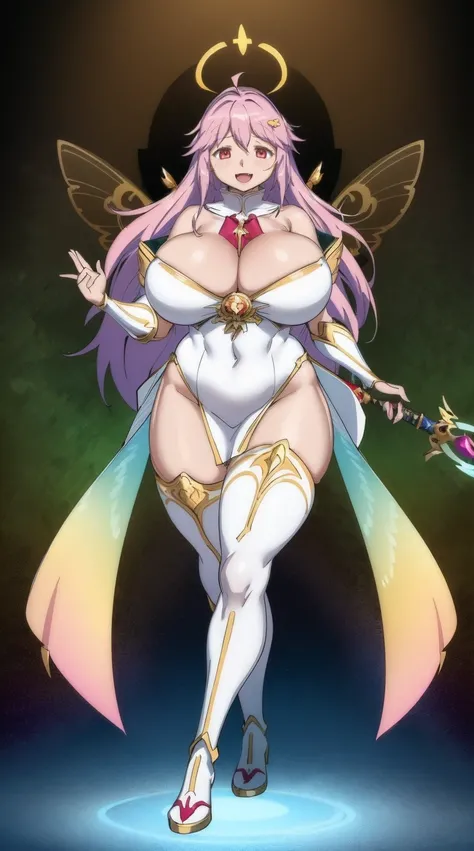 e,, holy magicalgirl, open mouth fang, holy haura, halo, smile, joyfull, paladin, sword holding, full body , boots, standing,cute,breast, curvy, female,fantasy goddess,there is a cartoon picture of a woman with a very large breast, glowing angelic being, g...