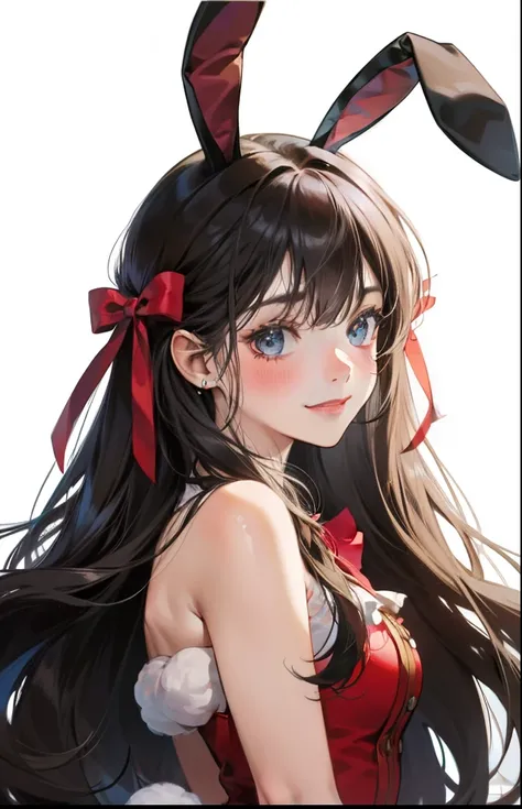 girl with、Background white、without background、A dark-haired、The long-haired、Contrasting bangs、Red One Piece、frilld、bow ribbon、bunnygirl、Rabbit ears、with blush cheeks、Smiling、kawaii、without background