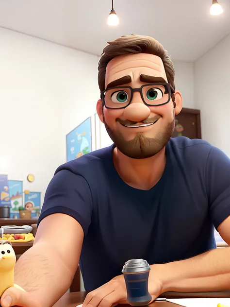 Poster no estilo Disney pixar, alta qualidade, melhor qualidade, homem sexy branco, 30 anos cabelo grisalho barba preta, musculoso, com fundo em um restaurante a luz de velas