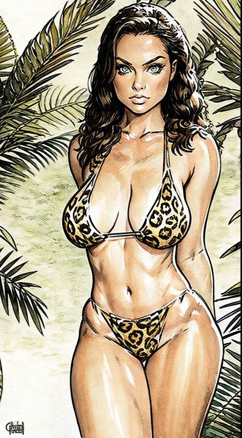 cavewoman, green eyes, large breasts, bikini with leopard print, arms crossed, sulking, facing away avoiding eye contact, shy, pencil art, watercolor