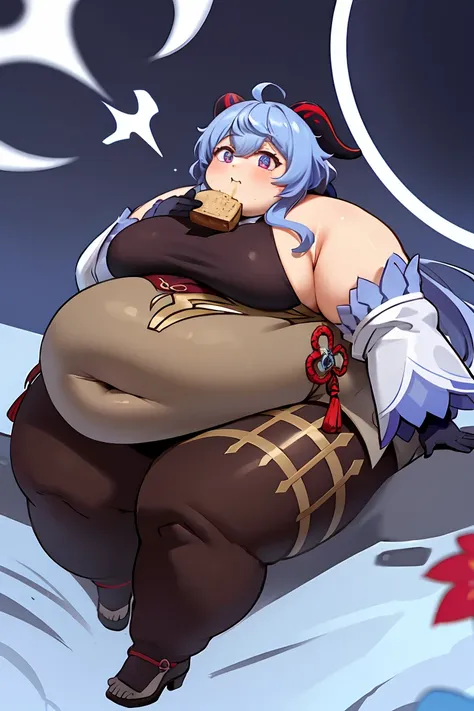 fat body, fat arms, masterpiece, best quality, 1girl, solo, fat belly, thick thighs, long hair, breasts, looking at viewer, big cheeks, cute and fat face, bangs, gloves, bare shoulders, fat neck, medium breasts, sitting, blue hair, purple eyes, flower, aho...