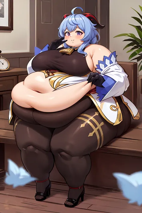 fat body, fat arms, masterpiece, best quality, 1girl, solo, fat belly, thick thighs, long hair, breasts, looking at viewer, big cheeks, cute and fat face, bangs, gloves, bare shoulders, fat neck, medium breasts, sitting, blue hair, purple eyes, flower, aho...