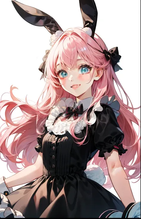 girl with、Background white、without background、Pink hair、The long-haired、Contrasting bangs、White and black dress、frilld、bow ribbon、bunnygirl、Rabbit ears、with blush cheeks、Smiling、kawaii、without background