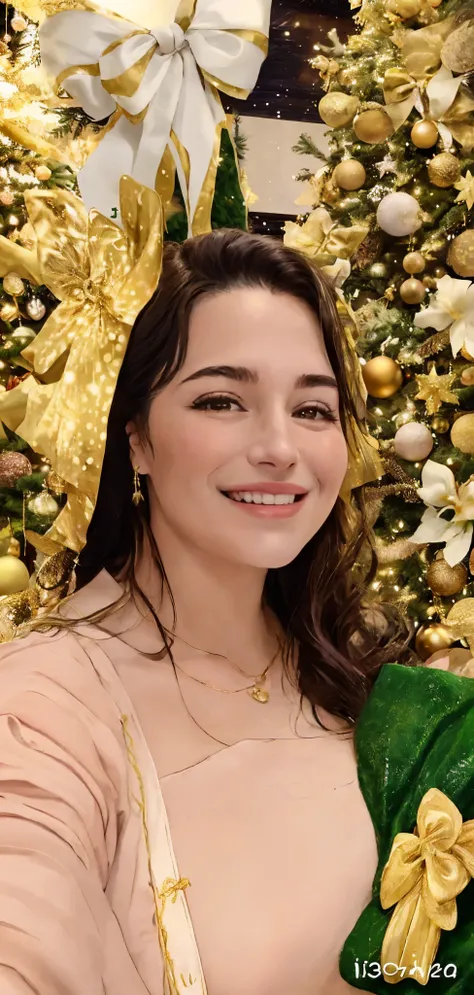 Arafian woman in front of a Christmas tree with a golden bow, Alanis Guillen, Mulher de 30 anos, 3 0 anos de idade mulher, 3 2 anos, 38 anos, imagem vazada, imagem de perfil, Ayahausca, 3 6 anos, 🤬 🤮 💕 🎀, bonito e sorridente, 2 9 anos