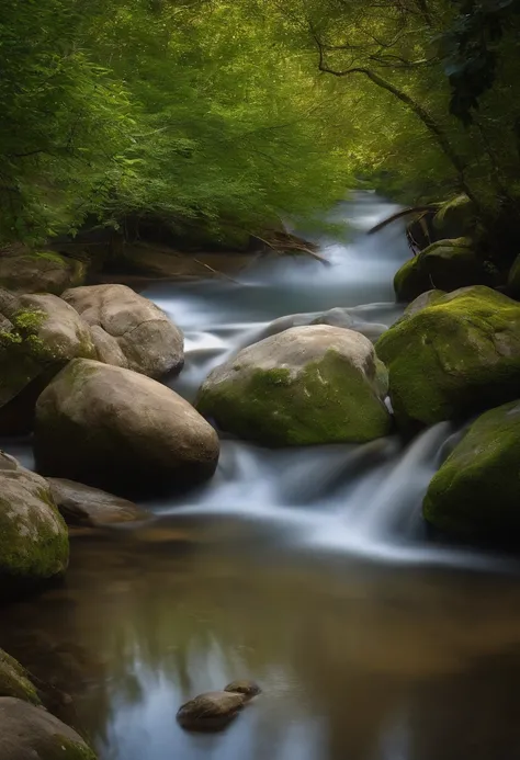 Photos taken by a high-resolution camera，The fine details of the scene are shown。The color palette is dominated by blue and white，Create an atmosphere of harmony and peace。The composition follows the rule of thirds，The stream is babbling，There are faint wa...