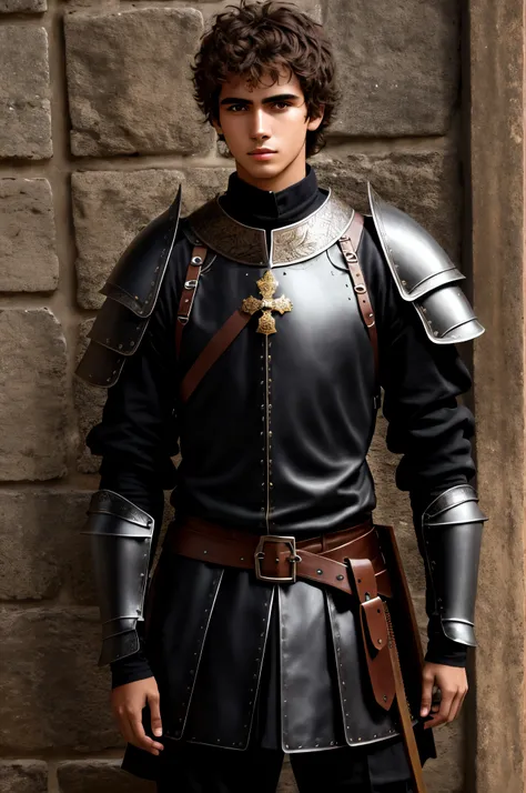 jovem alto, magro, with messy hair and wearing medieval armor made of hard black leather