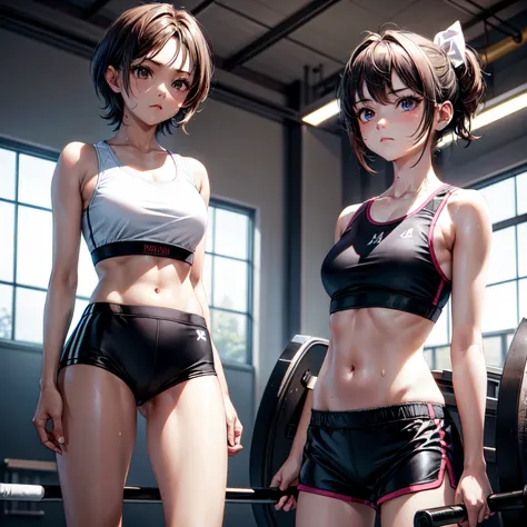 ​masterpiece, 4K, of the highest quality, bow ribbon, Sports Bra, Latex Shorts, is standing, arms folded,、cool expression　Beautiful gym, Brown-eyed, Short_hair, Small_Breast, looking at the viewers　、Heavy sweat、1 persons