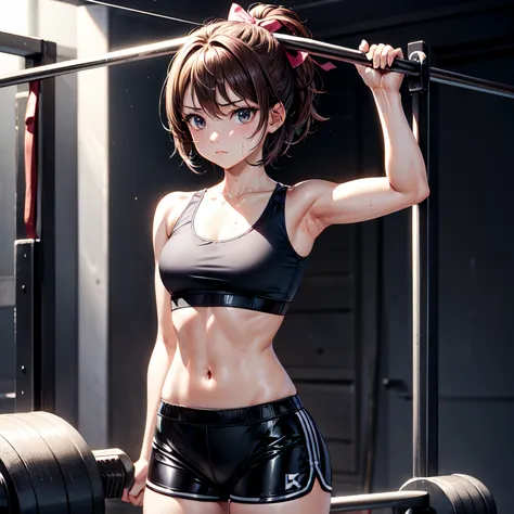 ​masterpiece, 4K, of the highest quality, bow ribbon, Sports Bra, Latex Shorts, is standing, arms folded,、cool expression　Beautiful gym, Brown-eyed, Short_hair, Small_Breast, looking at the viewers　、Heavy sweat、1 persons