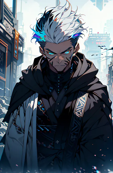 Cyberpunk male, fantasy world, dark background, clean design, epic instagram, artstation, colorful paint splatter, silhouette, hyper detailed intricate details, unreal engine, fantasy, intricate details, splash screen, complementary colors, Fantasy concept...