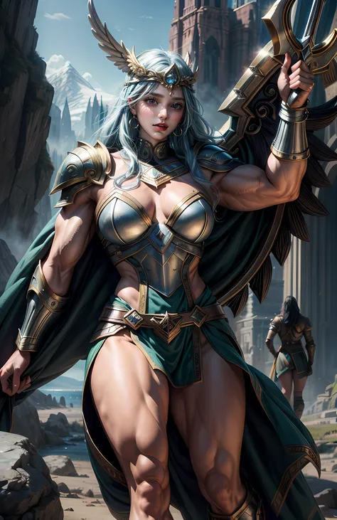 Asgard，Valkyrie，Muscular woman, Lady Knight，Correct anatomy，Epic fantasy digital art，tmasterpiece，8K，high-definition resolution，Detailed drawing，Culidad Superior，, epic composition, Courageous body, ((((huge muscular legs))))