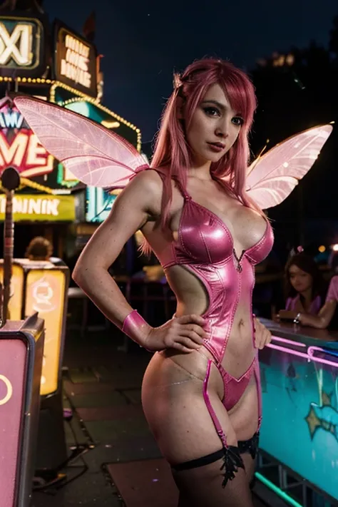 a faery with pink hair and neon wings, in the style of dc comics, gawn, at a magical fun fair, expressive, absinthe, properly dressed, hyper-detailed, close-up shot, warm color grading, bokeh, sharp focus, award-winning photograph, NSFW