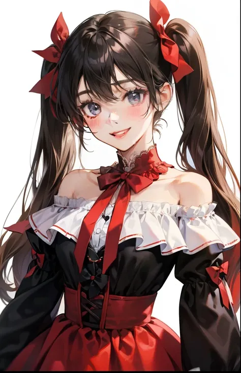 girl with、Background white、without background、A dark-haired、long double knot、Long twin tails、Contrasting bangs、Long Sleeve Off-Shoulder Dress、bow ribbon、with blush cheeks、Smiling、kawaii、without background