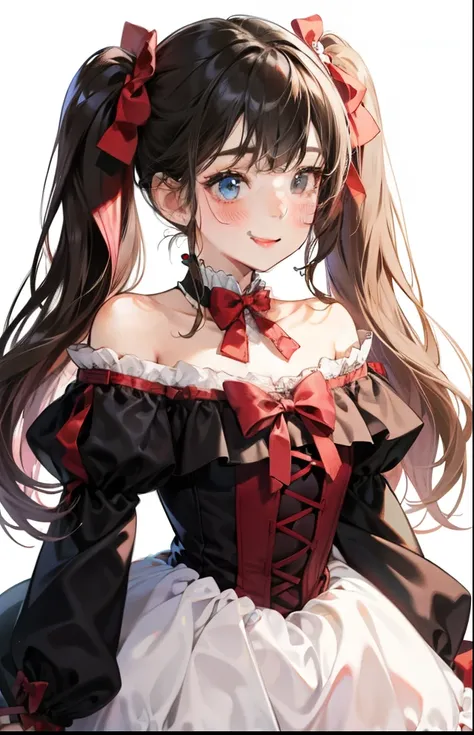 girl with、Background white、without background、A dark-haired、long double knot、Long twin tails、Contrasting bangs、Long Sleeve Off-Shoulder Dress、bow ribbon、with blush cheeks、Smiling、kawaii、without background