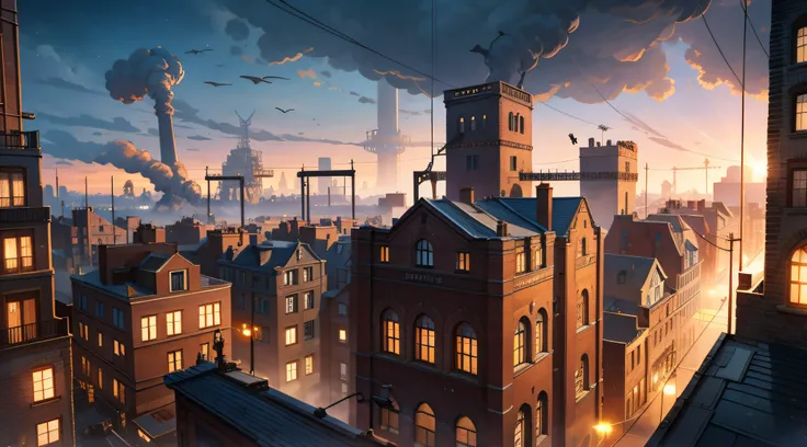 industrial city, surround by wall, steampunk. there is inn, residental area, ((airships)) in the sky, city gate, rusty and heavy, smoke, chimney, factories, gears, machinery, tall buildings, towers, steam power, steam pipes, streetlights, (bird-eye view), ...