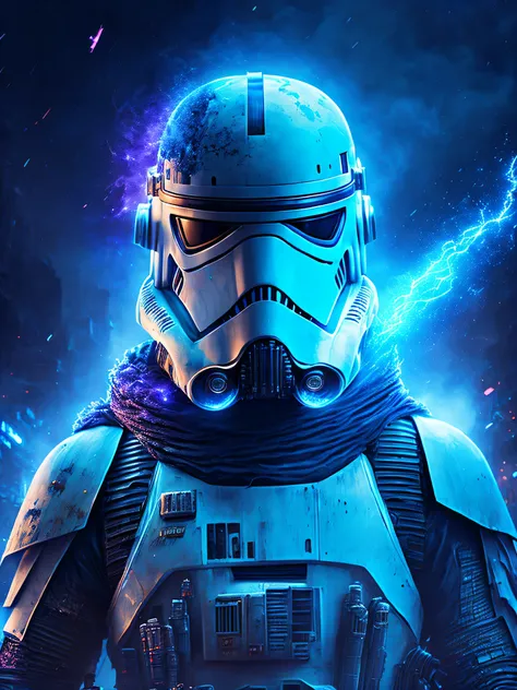 gloomy portrait of Zombie Stormtrooper from Star Wars, extremely detailed, futuristic cityscape, nighttime, glowing neon lights, smoke, sparks, metal shavings, flying debris, blue energy effects, volumetric light