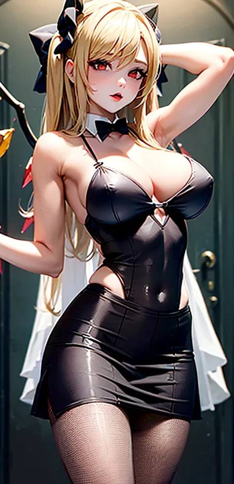 masterpiece, best quality,    1girl, blonde hair, mob cap, hair bow,long hair,wedding dress, huge breasts, cleavage, wings, fishnet, goth, black lipstick, fishnet dress, fishnet pantyhose, evil, muscular arms, muscular midriff, abs, muscular thighs, sixpac...