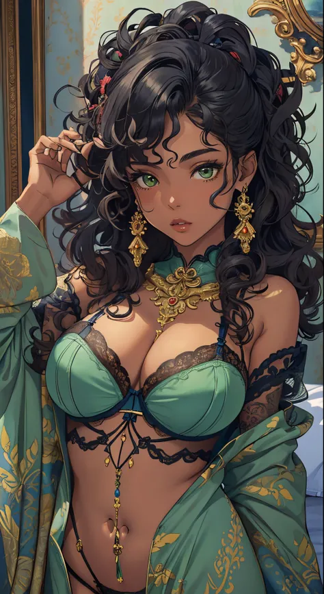 ((Masterpiece, hiquality, absurdress) 1Woman, black hair, curly hair, Afro-curly hair, Green eyes, a perfect face, the perfect body, big breastes, short stature, very dark skin, Hindu woman, 独奏, ((Best Quality)), ((Masterpiece)), (Detailed:1.4), Detailed e...