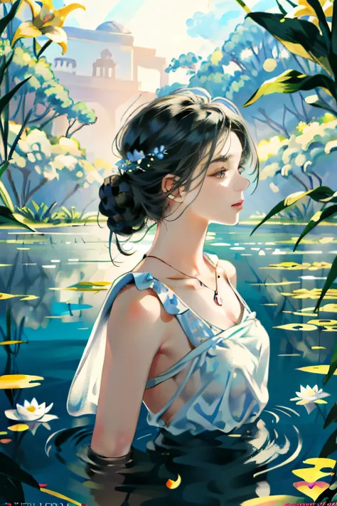 (masterpiece:1.2, best quality), (real picture, intricate details), (1lady, solo, upper body:1.2), big tits colorful garden, with blooming flowers of all shapes and sizes. The air is thick with the sweet fragrance of roses and jasmine. A small pond shimmer...