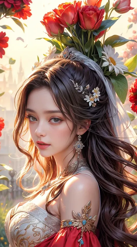 Wearing a bright red dress，Bring out her fair complexion, Standing gracefully in front of a flowery garden,Front Shooting， Double exposure effect creates an ethereal atmosphere，bathed in the warm glow of the sun. The garden was full of colorful flowers, In...