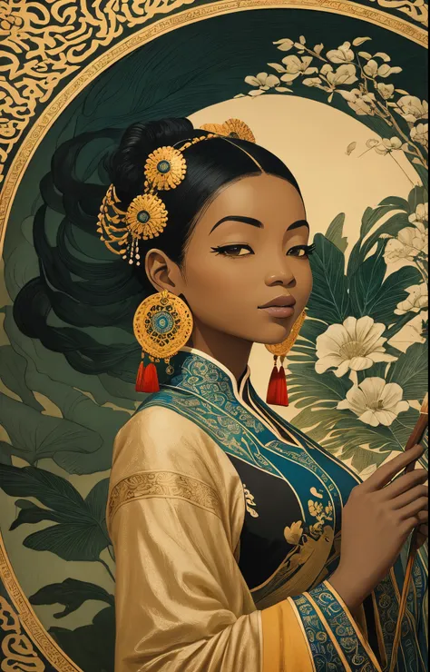 Minimalist Song dynasty mural by Alessandro Gottardo, Dream of wildlife and nature blended with beautiful black woman dressed in African designed clothes,  majestic view filled with warmth and happiness, Zen, green and light beige style, enigmatic figures,...