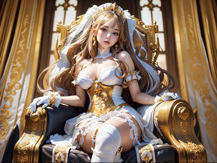 in the throne room、A luxurious golden throne in the Rococo style、sit cross-legged、Put on a gorgeous tiara、Wearing long white gloves、Wearing white stockings and a white garter belt、wearing white high heels、with big breasts、slightly showing nipples、Seen from...