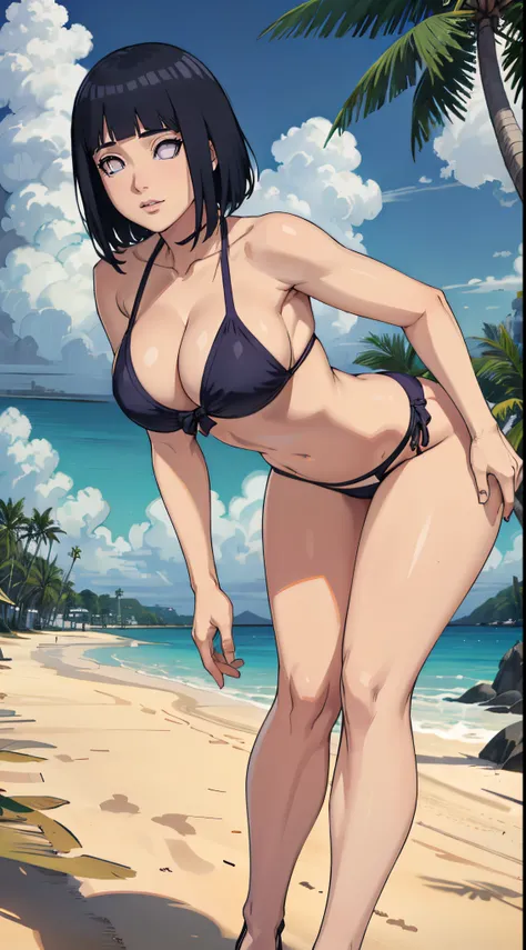 (best quality:1.3), hinata hyuga, busty, cleavage, seductive, sexy, curvy body, big ass, big boobs,((thong bikini)), ((leaning forward)), ((beach))